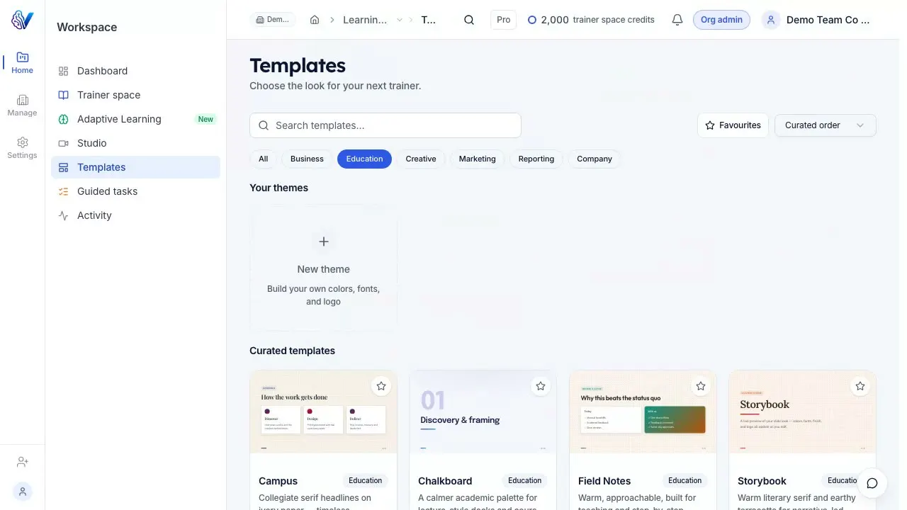 The Templates gallery: searching, scrolling through template cards and filtering by Education.